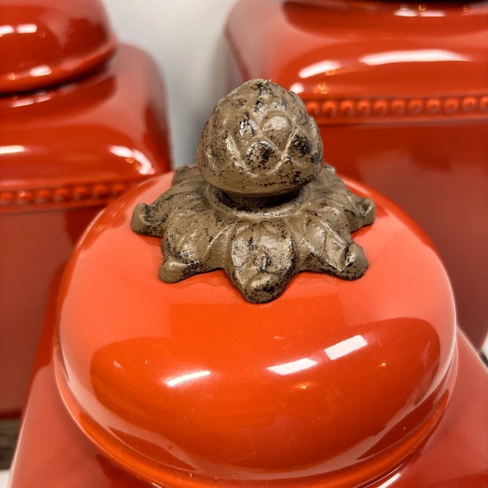 3 Piece Canister GG Collection Tuscan Red Scroll Metal Bases European Charm